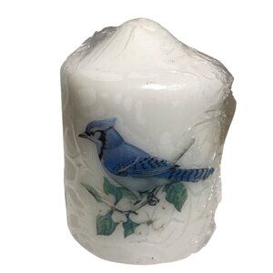 Blue Jay Pillar Candle White Bird Design Sealed Gift Bird Lovers 3" New Sealed